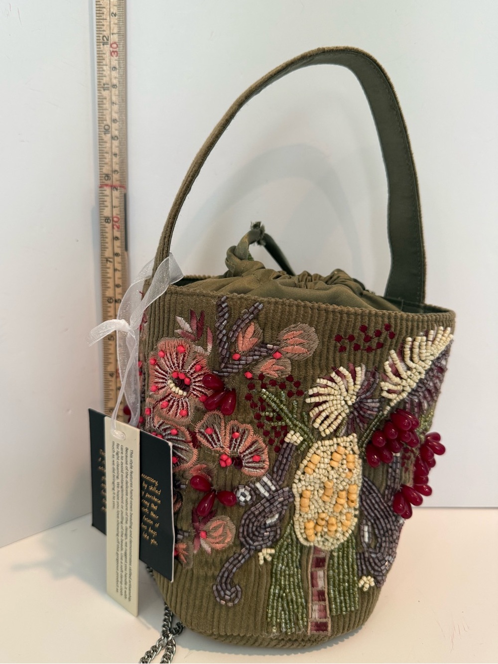 * Corduroy Olive Green Bucket Bag with Beautiful Floral Beaded Embroidery